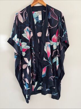 CHICO'S Traveler Navy Floral Longline Silky Kimono Poncho Small Medium